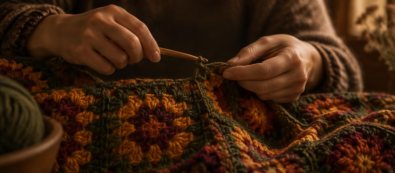 Hands crocheting a traditional granny-square textile